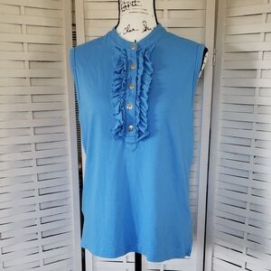 Tory Burch Blue Front Ruffle Sleveeless Blouse Size XL